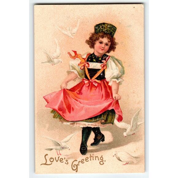 Loves Greetings Postcard Unsigned Ellen Clapsaddle Cut Girl White Doves Germany - Picture 1 of 2